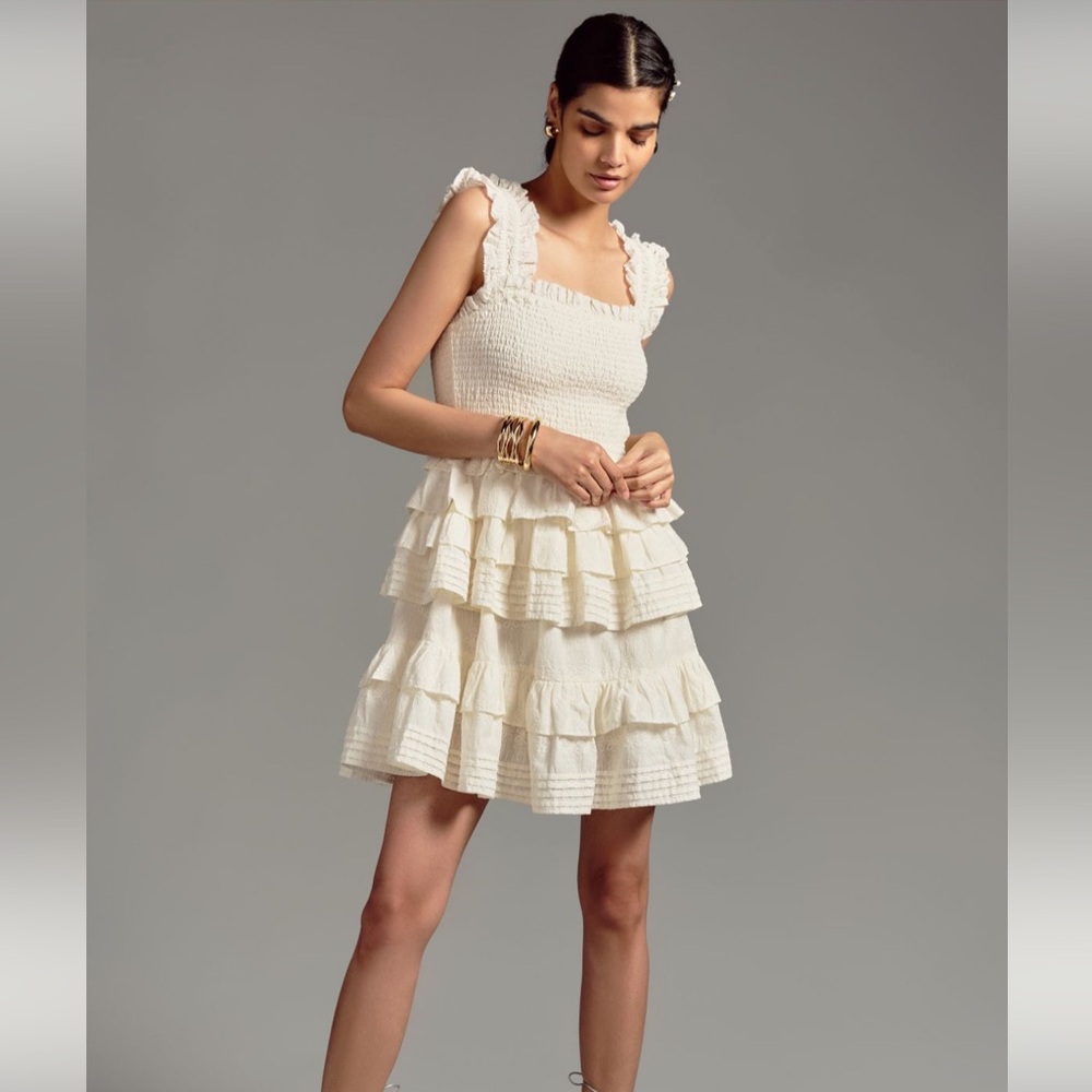 NWT Anthropologie -Self Contrast Tiered Mini Dress size large cream color